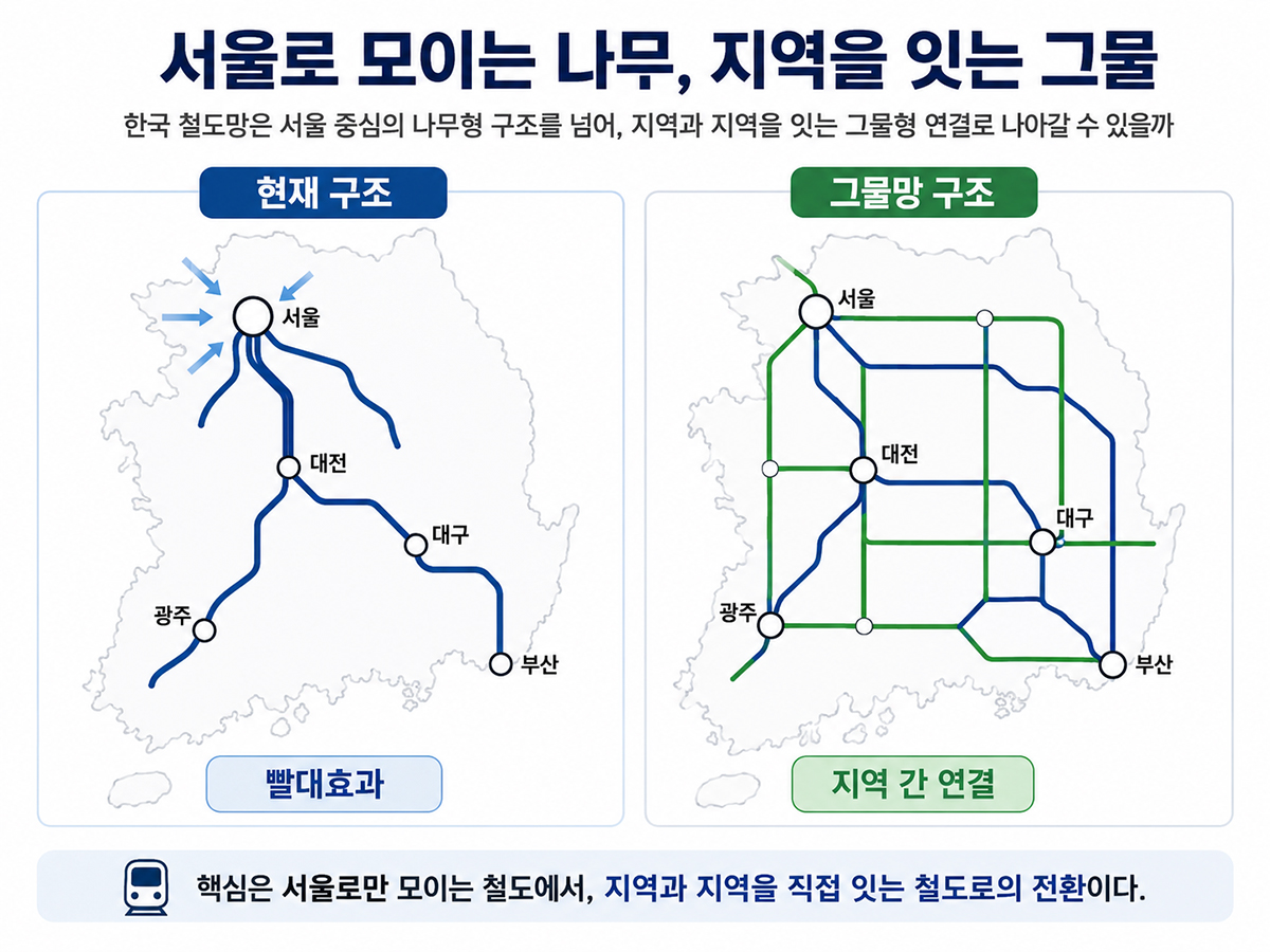 서울 중심의 나무형 철도망과 지역 간 연결을 강화한 그물망 철도망 비교
